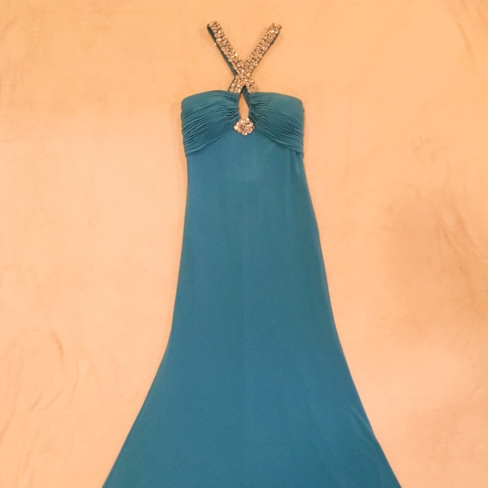 Turquoise sequined prom dress